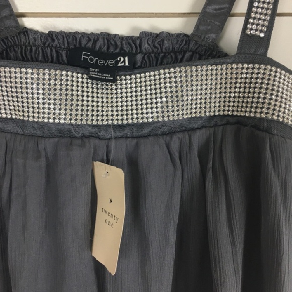 🪴$5/25🪴 NWT Forever 21 Gauzy Gray Silver Rhinestone Boho Mini Dress Small - Picture 6 of 12